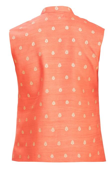 Shop_Seirra Thakur_Peach Silk Woven Floral Bundi_Online_at_Aza_Fashions