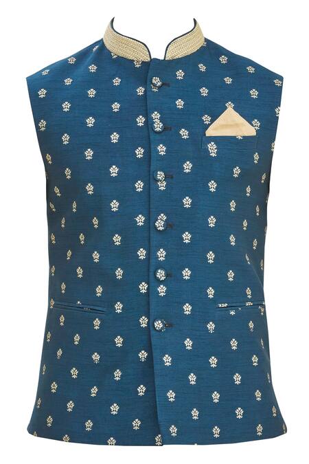 Shop_Seirra Thakur_Blue Silk Woven Floral Bundi_Online_at_Aza_Fashions