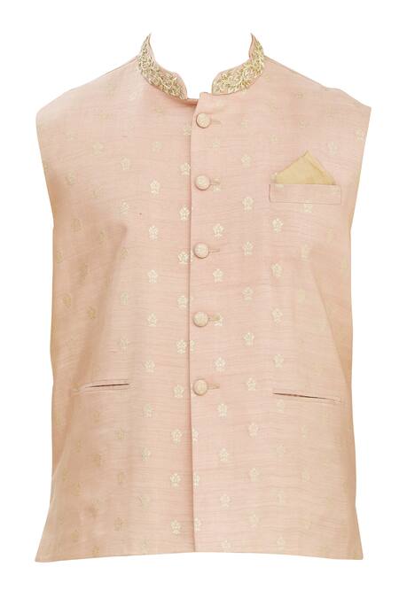 Shop_Seirra Thakur_Pink Silk Woven Floral Bundi_Online_at_Aza_Fashions