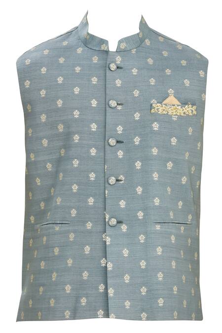 Shop_Seirra Thakur_Grey Silk Woven Floral Bundi_Online_at_Aza_Fashions