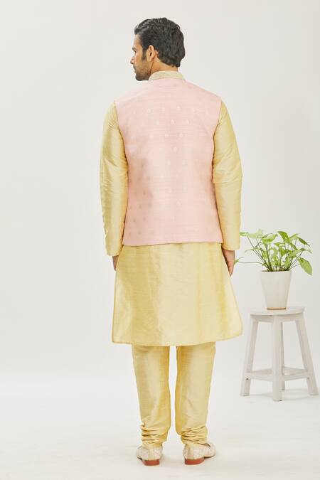 Shop_Seirra Thakur_Pink Silk Woven Floral Bundi_at_Aza_Fashions