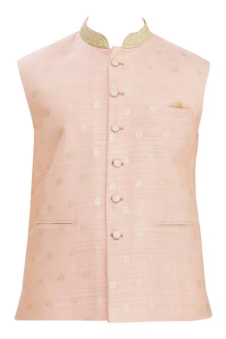 Shop_Seirra Thakur_Pink Silk Woven Floral Bundi_Online_at_Aza_Fashions