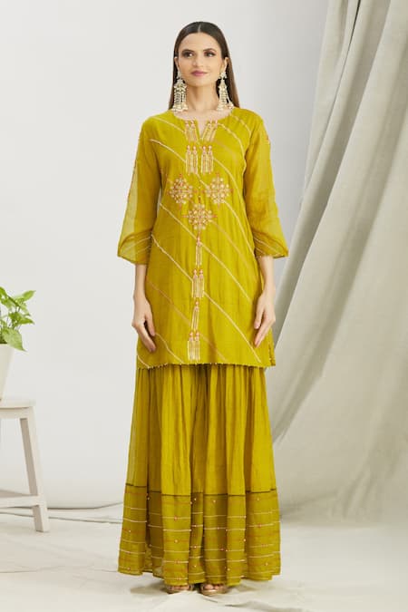 Sozenkari_Green Organza, Silk Chanderi Tissue Bead Work Round Japanese Sharara Set _Online_at_Aza_Fashions