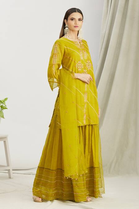 Buy_Sozenkari_Green Organza, Silk Chanderi Tissue Bead Work Round Japanese Sharara Set _Online_at_Aza_Fashions