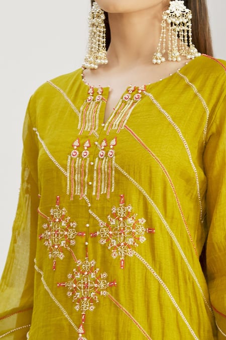 Shop_Sozenkari_Green Organza, Silk Chanderi Tissue Bead Work Round Japanese Sharara Set _Online_at_Aza_Fashions