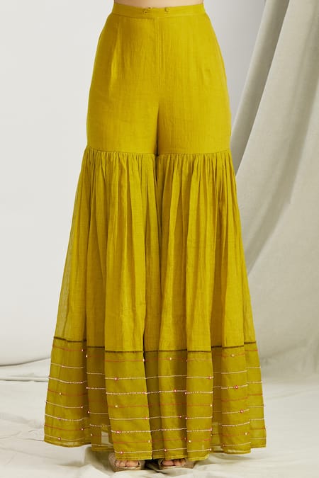 Sozenkari_Green Organza, Silk Chanderi Tissue Bead Work Round Japanese Sharara Set _at_Aza_Fashions