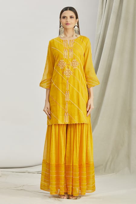 Sozenkari_Yellow Organza, Silk Chanderi Tissue Bead Work Round Japanese Sharara Set _Online_at_Aza_Fashions