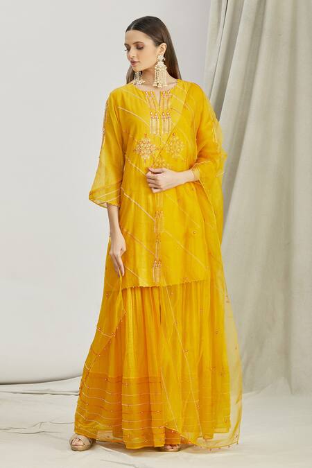 Buy_Sozenkari_Yellow Organza, Silk Chanderi Tissue Bead Work Round Japanese Sharara Set _Online_at_Aza_Fashions