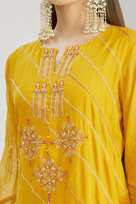 Shop_Sozenkari_Yellow Organza, Silk Chanderi Tissue Bead Work Round Japanese Sharara Set _Online_at_Aza_Fashions