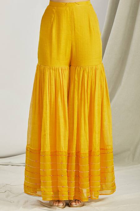 Sozenkari_Yellow Organza, Silk Chanderi Tissue Bead Work Round Japanese Sharara Set _at_Aza_Fashions