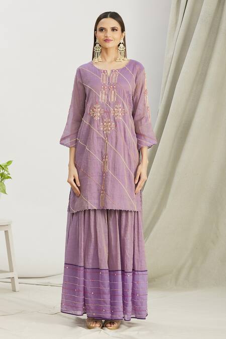 Sozenkari_Purple Organza, Silk Chanderi Tissue Bead Work Round Japanese Sharara Set _Online_at_Aza_Fashions