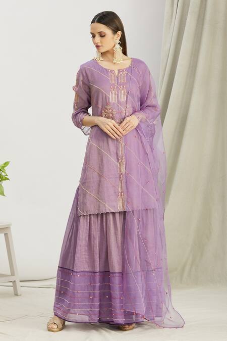 Buy_Sozenkari_Purple Organza, Silk Chanderi Tissue Bead Work Round Japanese Sharara Set _Online_at_Aza_Fashions