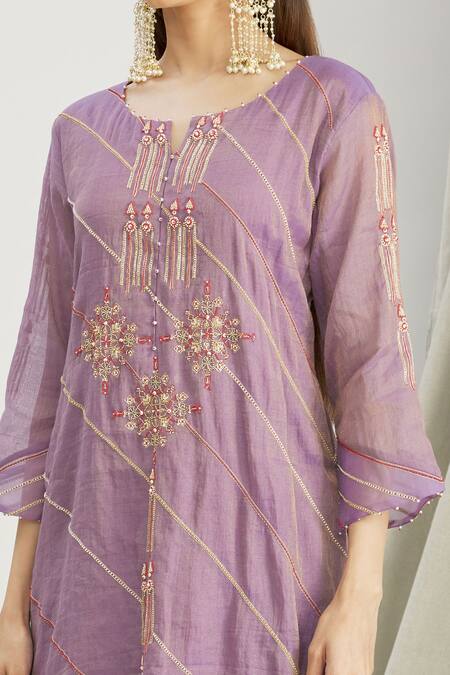 Shop_Sozenkari_Purple Organza, Silk Chanderi Tissue Bead Work Round Japanese Sharara Set _Online_at_Aza_Fashions