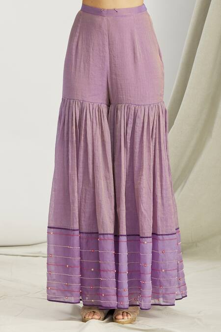 Sozenkari_Purple Organza, Silk Chanderi Tissue Bead Work Round Japanese Sharara Set _at_Aza_Fashions