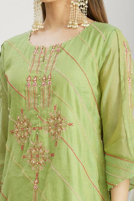 Shop_Sozenkari_Green Organza, Silk Chanderi Tissue Bead Work Round Japanese Sharara Set _Online_at_Aza_Fashions