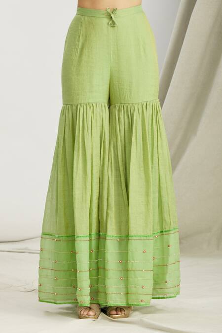 Sozenkari_Green Organza, Silk Chanderi Tissue Bead Work Round Japanese Sharara Set _at_Aza_Fashions