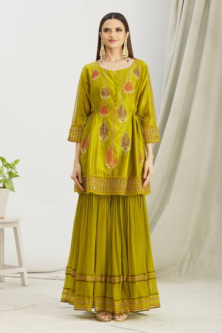 Sozenkari_Green Organza, Chiffon, Silk Chanderi Bead Hand Embroidered Anarkali Sharara Set _Online_at_Aza_Fashions