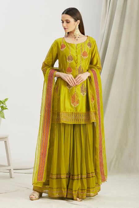 Buy_Sozenkari_Green Organza, Chiffon, Silk Chanderi Bead Hand Embroidered Anarkali Sharara Set _Online_at_Aza_Fashions