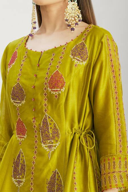 Shop_Sozenkari_Green Organza, Chiffon, Silk Chanderi Bead Hand Embroidered Anarkali Sharara Set _Online_at_Aza_Fashions