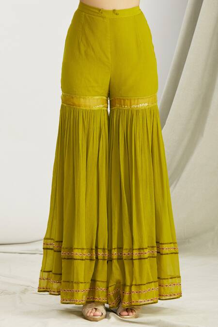 Sozenkari_Green Organza, Chiffon, Silk Chanderi Bead Hand Embroidered Anarkali Sharara Set _at_Aza_Fashions