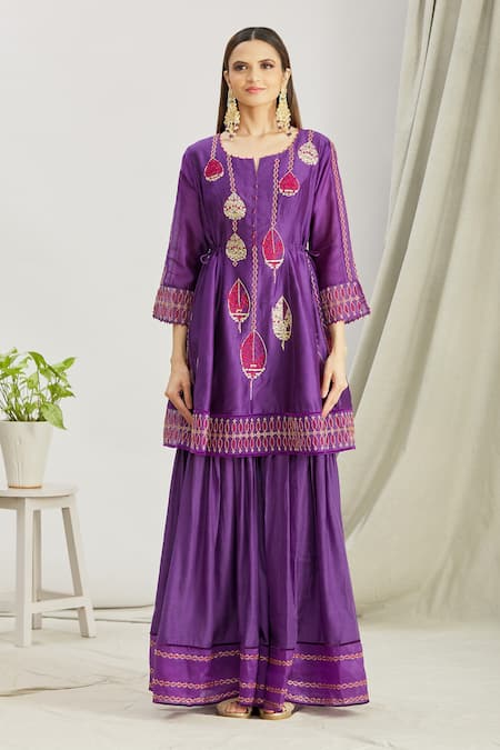 Sozenkari_Purple Organza, Chiffon, Silk Chanderi Hand Embroidered Anarkali Sharara Set _Online_at_Aza_Fashions
