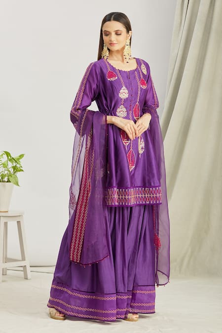 Buy_Sozenkari_Purple Organza, Chiffon, Silk Chanderi Hand Embroidered Anarkali Sharara Set _Online_at_Aza_Fashions