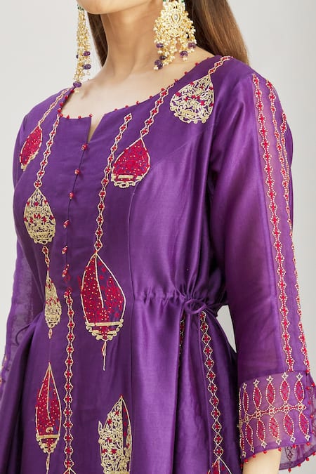 Shop_Sozenkari_Purple Organza, Chiffon, Silk Chanderi Hand Embroidered Anarkali Sharara Set _Online_at_Aza_Fashions