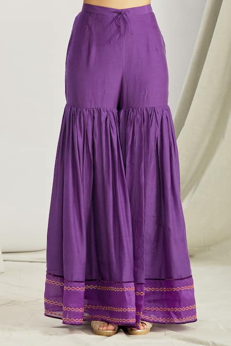 Sozenkari_Purple Organza, Chiffon, Silk Chanderi Hand Embroidered Anarkali Sharara Set _at_Aza_Fashions