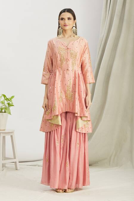 Sozenkari_Pink , Muslin, Chanderi Bead Hand Embroidered Anarkali Sharara Set _Online_at_Aza_Fashions