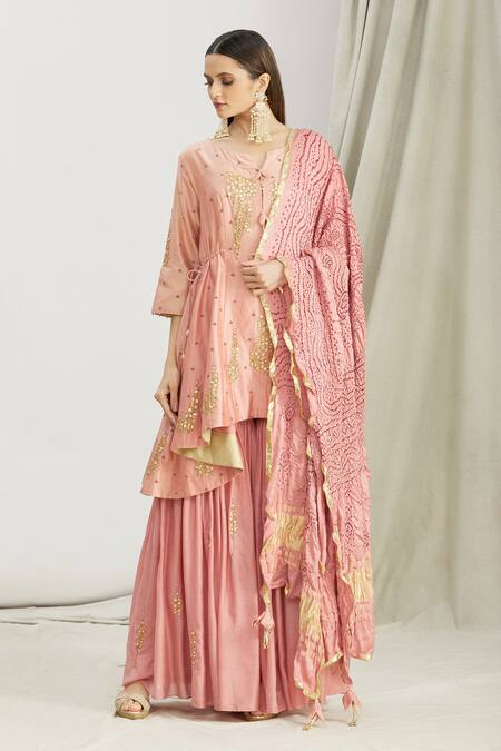 Buy_Sozenkari_Pink , Muslin, Chanderi Bead Hand Embroidered Anarkali Sharara Set _Online_at_Aza_Fashions