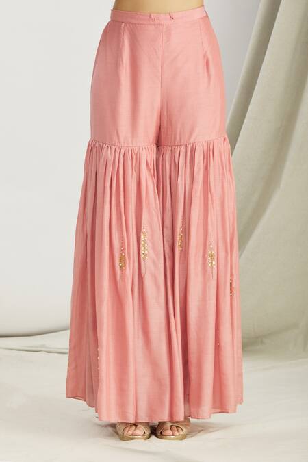 Sozenkari_Pink , Muslin, Chanderi Bead Hand Embroidered Anarkali Sharara Set _at_Aza_Fashions