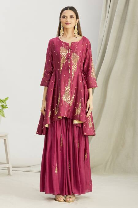 Sozenkari Purple , Muslin, Chanderi Bead Hand Embroidered Anarkali Sharara Set Online at Aza Fashions Sozenkari_Purple , Muslin, Chanderi Bead Hand Embroidered Anarkali Sharara Set _Online_at_Aza_Fashions