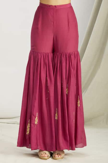 Sozenkari Purple , Muslin, Chanderi Bead Hand Embroidered Anarkali Sharara Set at Aza Fashions Sozenkari_Purple , Muslin, Chanderi Bead Hand Embroidered Anarkali Sharara Set _at_Aza_Fashions