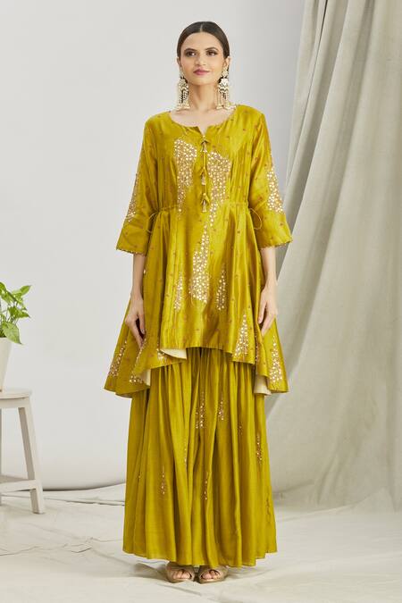 Sozenkari_Green , Muslin, Chanderi Bead Hand Embroidered Anarkali Sharara Set _Online_at_Aza_Fashions