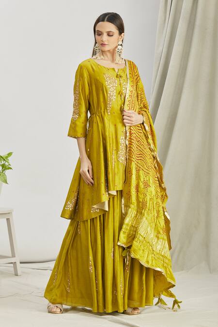 Buy_Sozenkari_Green , Muslin, Chanderi Bead Hand Embroidered Anarkali Sharara Set _Online_at_Aza_Fashions