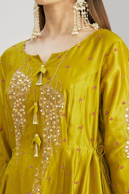 Shop_Sozenkari_Green , Muslin, Chanderi Bead Hand Embroidered Anarkali Sharara Set _Online_at_Aza_Fashions