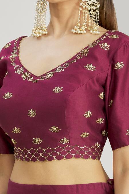 Shop_Sozenkari_Purple Organza, Chanderi Bead Work V Neck Hand Embroidered Lehenga Set With Belt _Online_at_Aza_Fashions