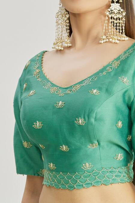 Shop_Sozenkari_Green Organza, Chanderi Bead Work V Neck Hand Embroidered Lehenga Set With Belt _Online_at_Aza_Fashions