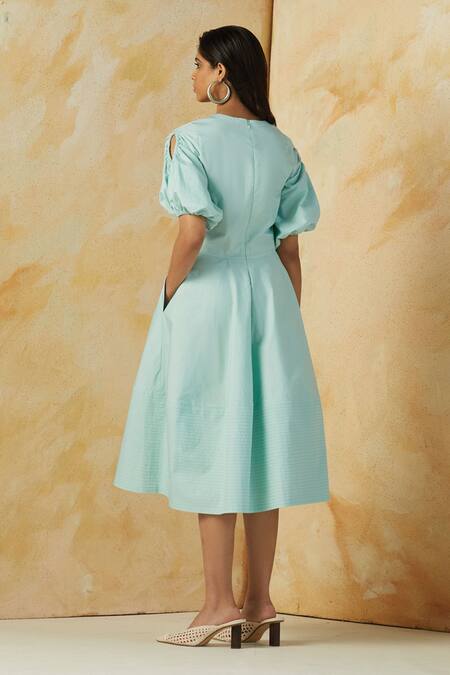 Shop Kanelle Green Poplin Round Flared Dress at Aza Fashions Shop_Kanelle_Green Poplin Round Flared Dress_at_Aza_Fashions