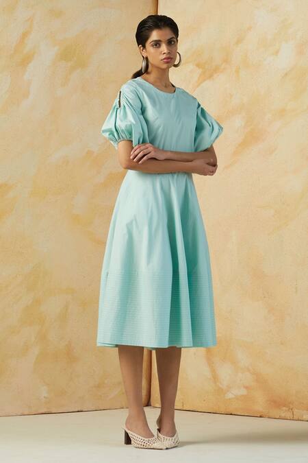 Kanelle Green Poplin Round Flared Dress Online at Aza Fashions Kanelle_Green Poplin Round Flared Dress_Online_at_Aza_Fashions