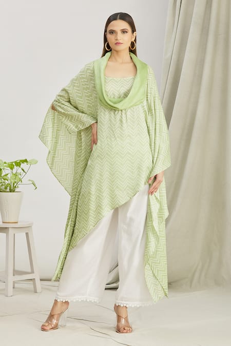 Buy_Paksh_Green Silk Printed Bandhani Cowl Neck Kurta And Palazzo Set  _Online_at_Aza_Fashions