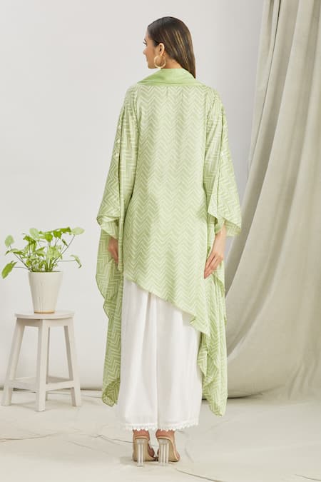 Shop_Paksh_Green Silk Printed Bandhani Cowl Neck Kurta And Palazzo Set  _at_Aza_Fashions