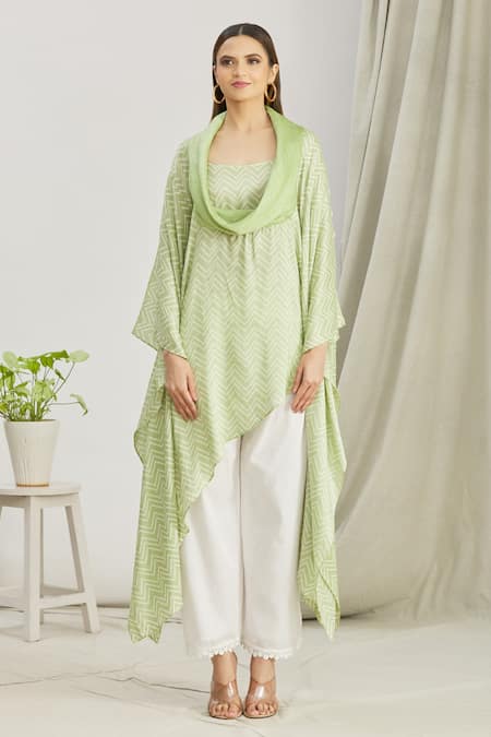 Paksh_Green Silk Printed Bandhani Cowl Neck Kurta And Palazzo Set  _Online_at_Aza_Fashions
