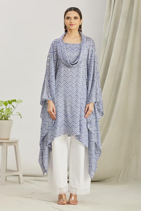 Paksh_Blue Silk Printed Bandhani Cowl Neck Kurta And Palazzo Set  _Online_at_Aza_Fashions