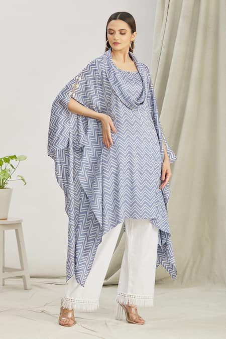 Buy_Paksh_Blue Silk Printed Bandhani Cowl Neck Kurta And Palazzo Set  _Online_at_Aza_Fashions