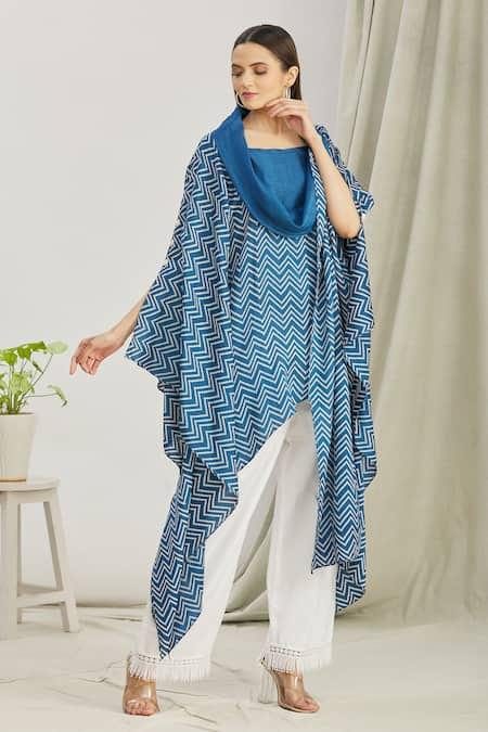 Paksh Blue Silk Printed Bandhani Cowl Neck Kurta And Palazzo Set  