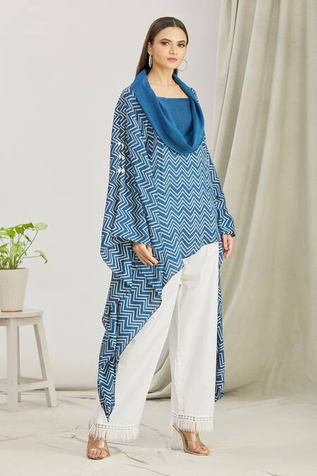 Buy_Paksh_Blue Silk Printed Bandhani Cowl Neck Kurta And Palazzo Set  _Online_at_Aza_Fashions