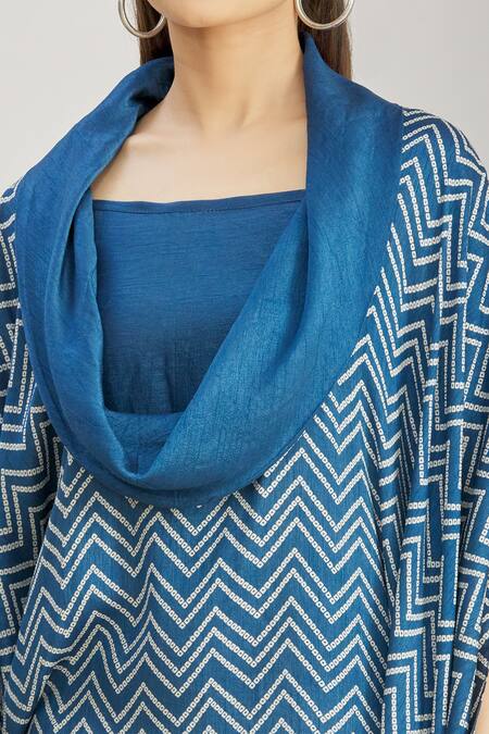 Shop_Paksh_Blue Silk Printed Bandhani Cowl Neck Kurta And Palazzo Set  _Online_at_Aza_Fashions