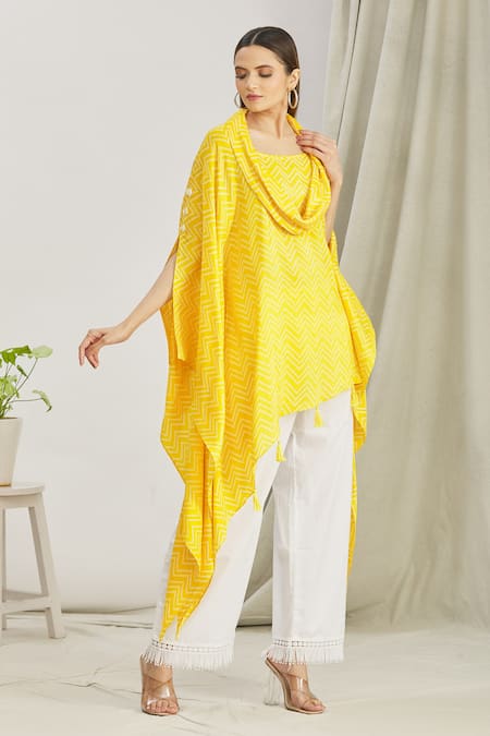 Buy_Paksh_Yellow Silk Printed Bandhani Cowl Neck Kurta And Palazzo Set  _Online_at_Aza_Fashions
