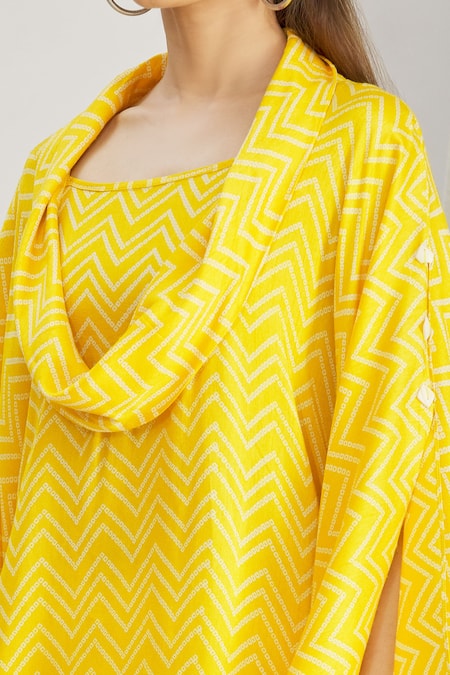 Shop_Paksh_Yellow Silk Printed Bandhani Cowl Neck Kurta And Palazzo Set  _Online_at_Aza_Fashions